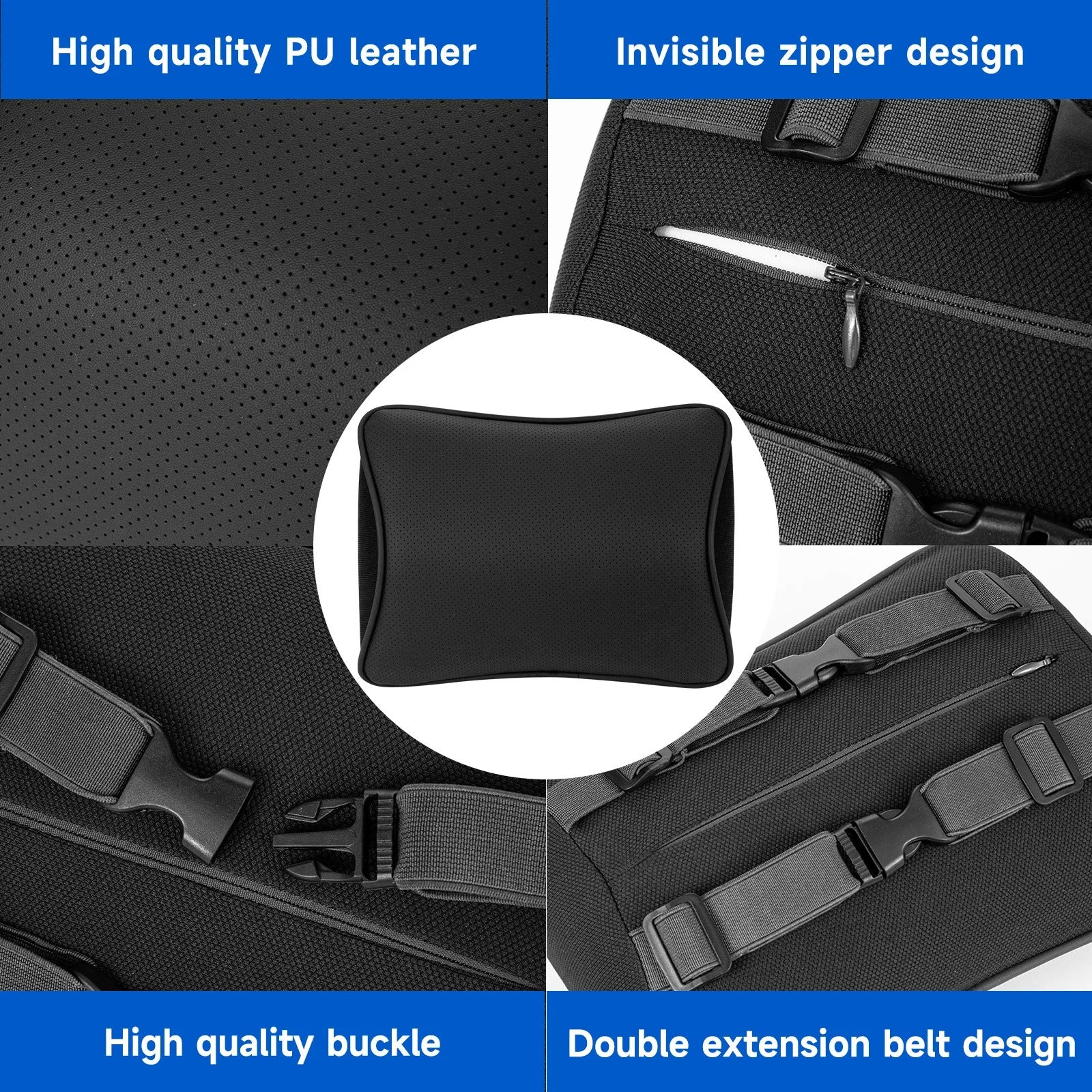 Memory Foam Car Neck Pillow – Adjustable Strap, Removable Cover, Universal Fit - Delicate Leather  