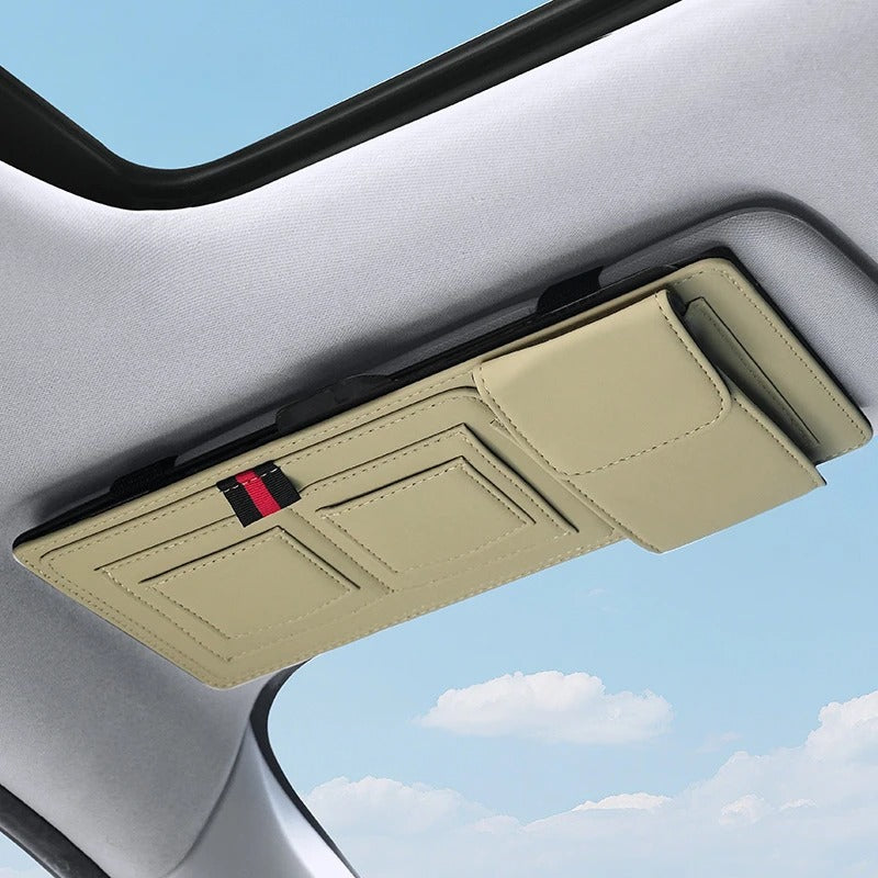 Leather Car Sun Visor Organizer – Universal Sunglasses Holder with Card & Pen Storage - Delicate Leather