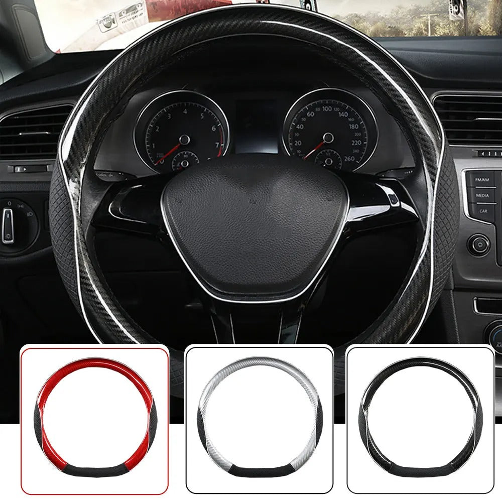 Carbon Fiber Microfiber Leather Steering Wheel Cover – Universal 37–38CM Non-Slip Grip - Delicate Leather