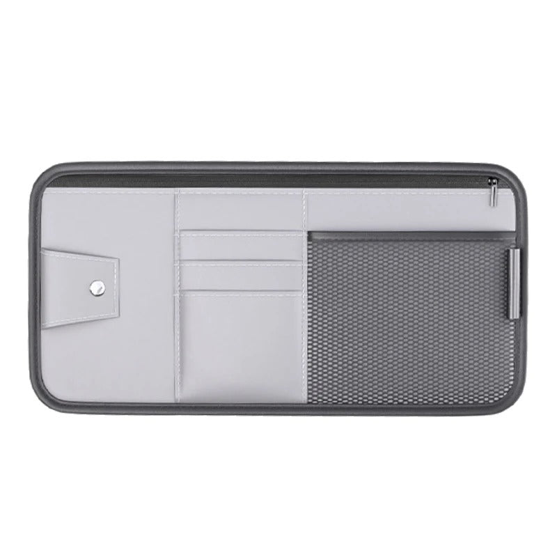 PU Leather Car Sun Visor Organizer – Multi-Pocket Storage Bag with Card Holder and Glasses Clip, 16×32 cm - Delicate Leather  
