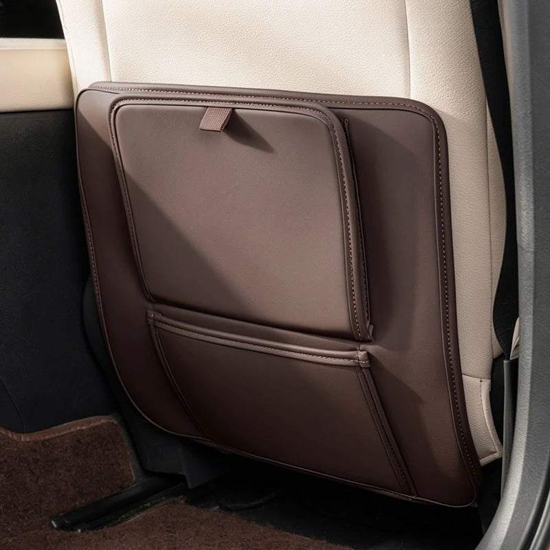 PU Leather Car Seat Back Protector – Anti-Kick Mat with Dual Storage Pockets