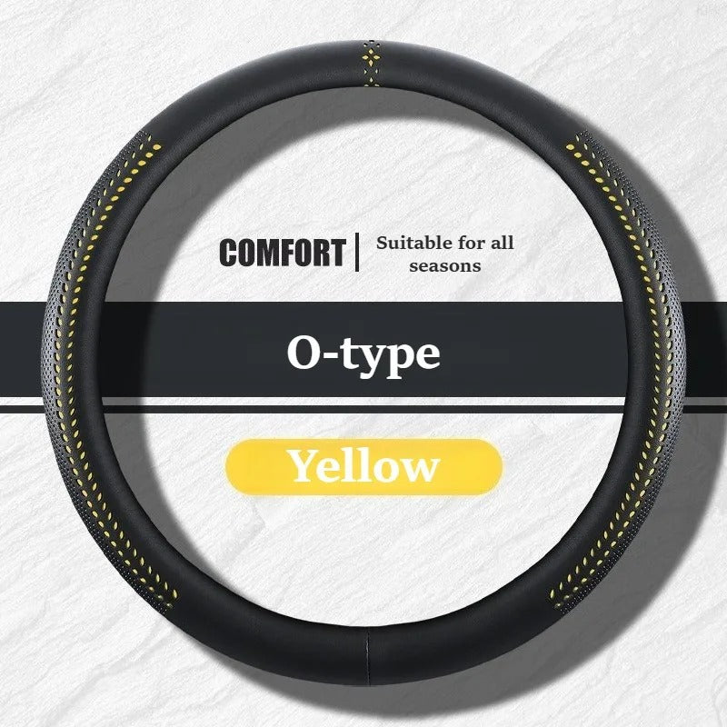 Universal Nappa Leather Steering Wheel Cover 38cm – O-Type, D-Type & Double D Non-Slip Car Steering Wheel Protector - Delicate Leather