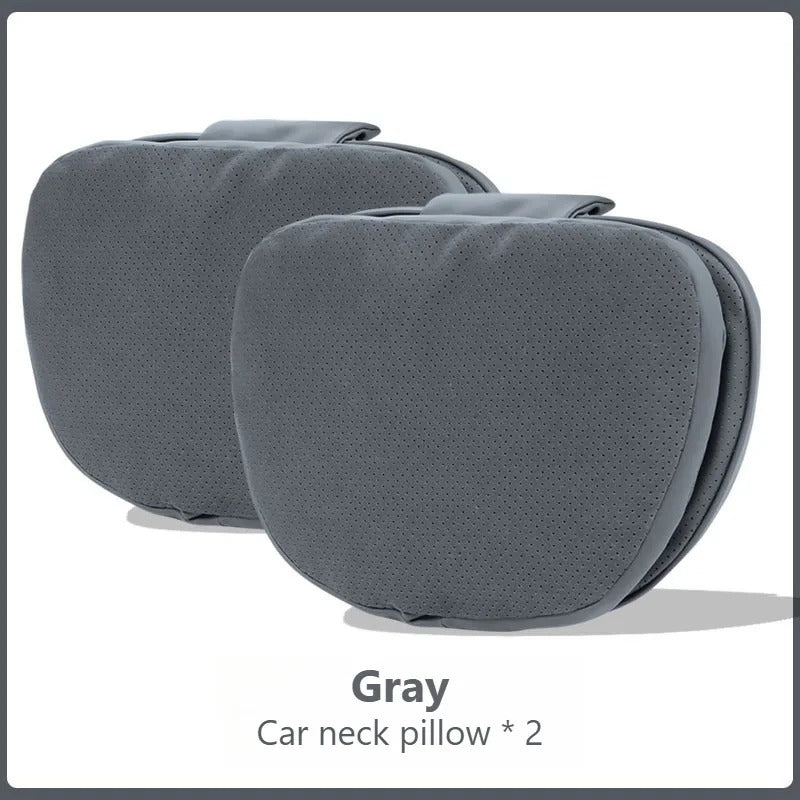 Soft Suede Car Neck & Lumbar Support Pillow Set – Memory Foam Headrest Waist Cushion with Double-Sided Design - Delicate Leather