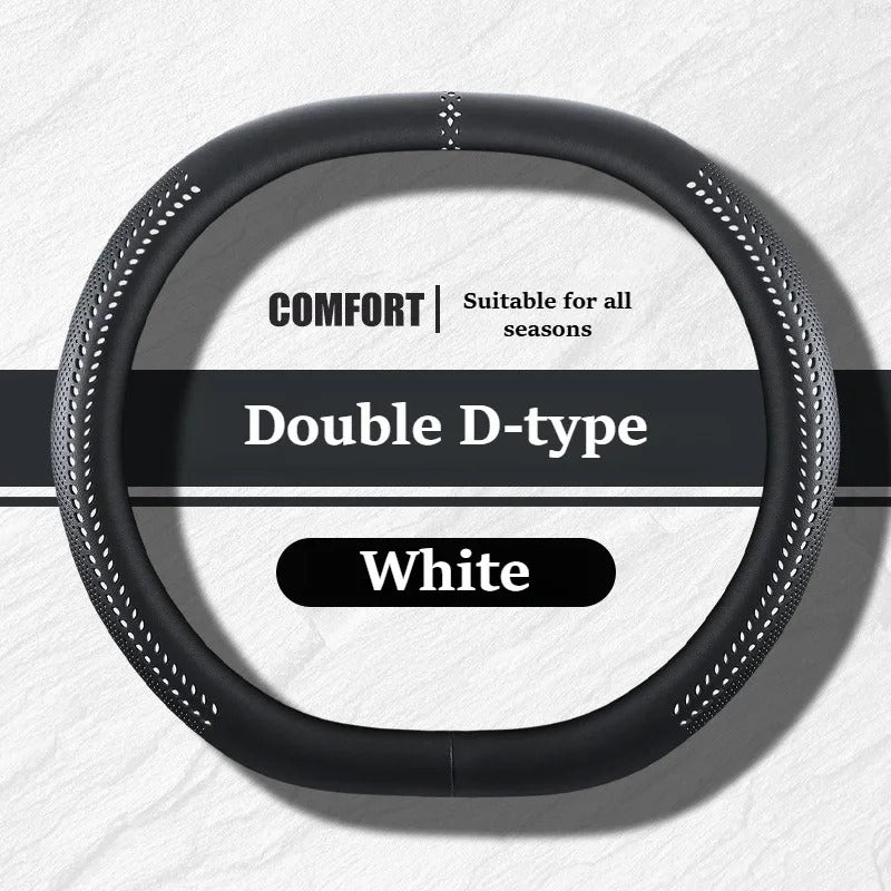 Universal Nappa Leather Steering Wheel Cover 38cm – O-Type, D-Type & Double D Non-Slip Car Steering Wheel Protector - Delicate Leather