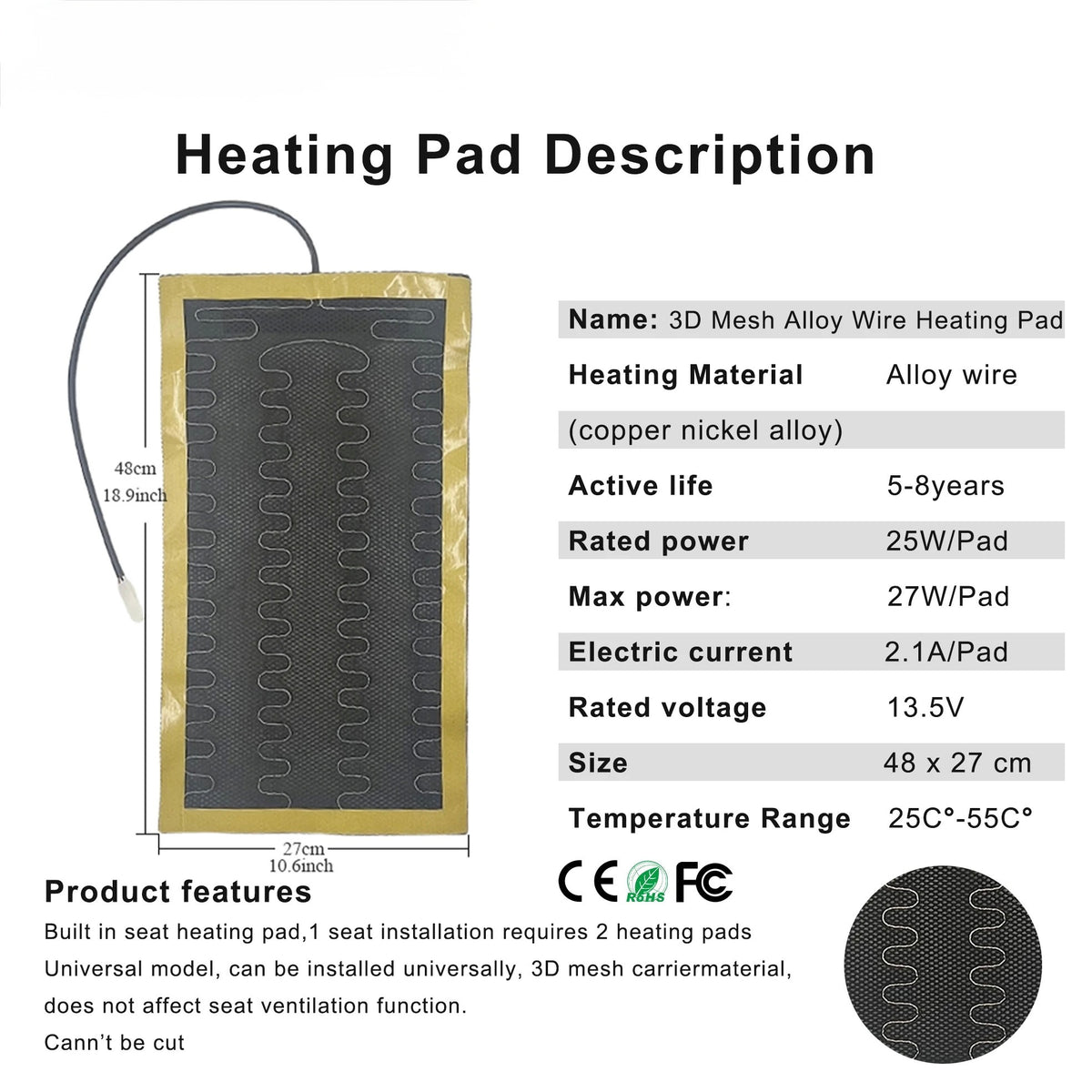 DC 12V Universal Car Seat Heating & Ventilation Kit for 1 Seat – Built-In Heater Pad with Fans & 3-Level Switch - Delicate Leather