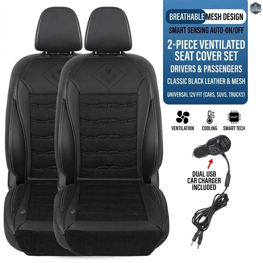 12V Ventilated Car Seat Cushion – Smart Auto Start/Stop Cooling Seat Cover - Delicate Leather