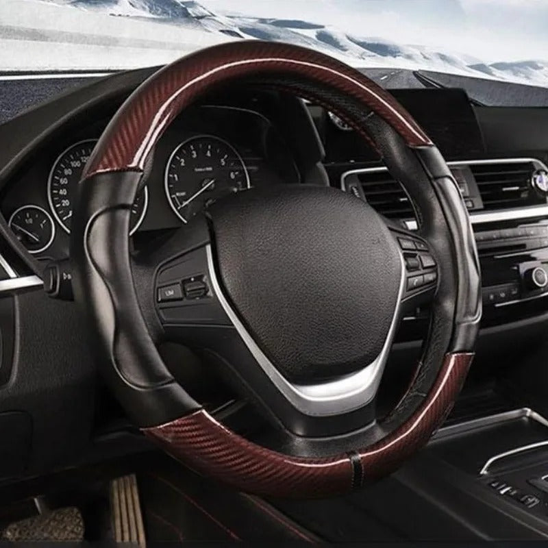 Carbon Fiber Steering Wheel Cover – Anti-Slip Universal 38cm O & D Shape Fit - Delicate Leather  
