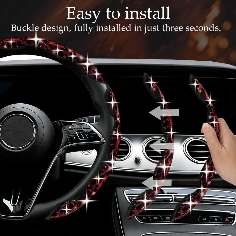 Leopard Print Diamond Steering Wheel Cover – Luxury Sparkling Universal Interior Accessory - Delicate Leather  