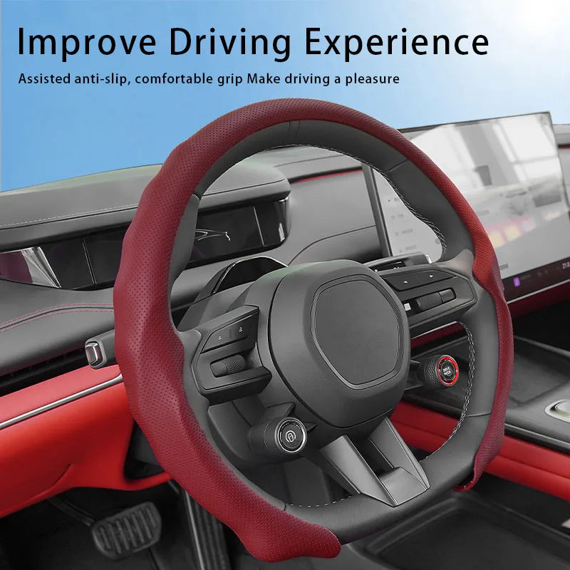 5D Nappa Leather Steering Wheel Cover – Perforated Breathable Ultra-Thin Anti-Slip Grip - Delicate Leather  