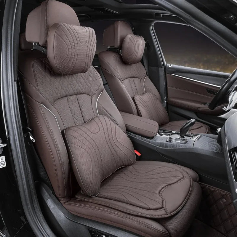 Soft Nappa Leather Car Neck & Lumbar Pillow Set – Ergonomic Headrest and Waist Support - Delicate Leather  