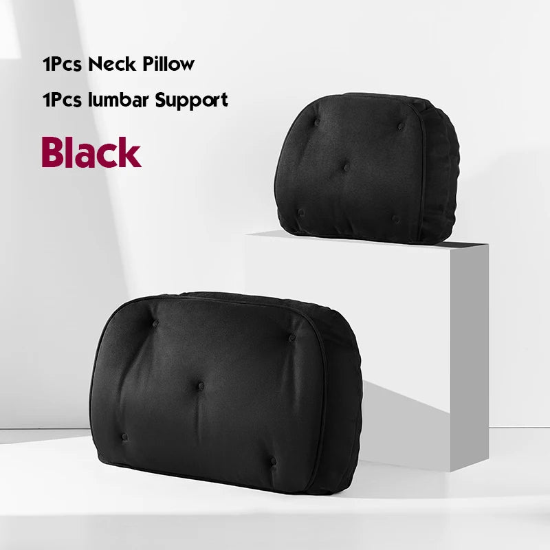 Memory Foam Car Neck Pillow & Lumbar Support Set – Breathable Seat Comfort Cushions - Delicate Leather  