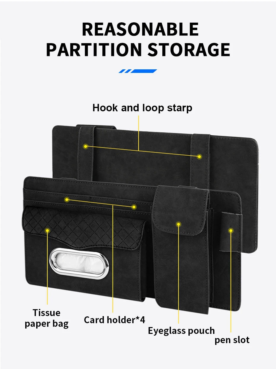 Suede Car Sun Visor Organizer – Glasses Case, Tissue Holder & Multi-Pocket Storage - Delicate Leather  