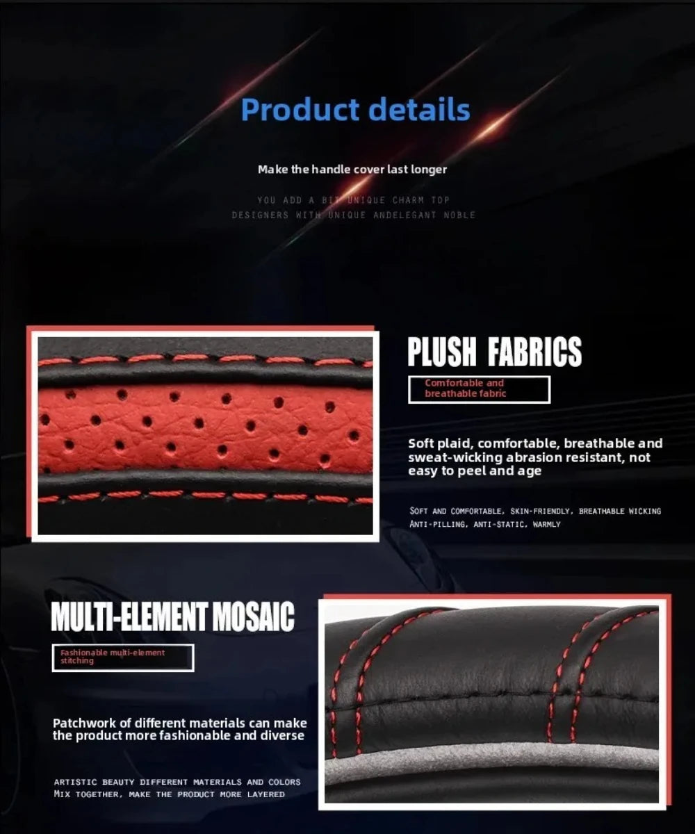 Black Leather Car Steering Wheel Cover – Universal 38cm Fit, Anti-Slip & Breathable Design, Premium Genuine Leather Protection - Delicate Leather  