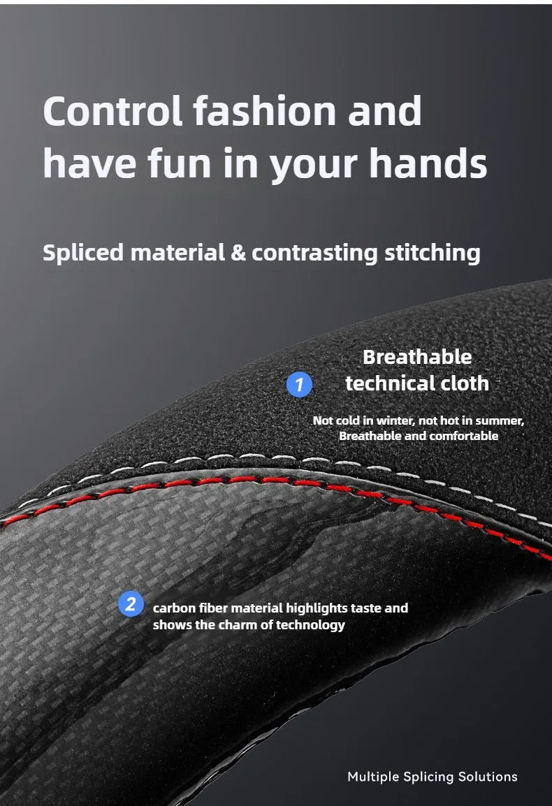 Carbon Fiber Steering Wheel Cover – Universal 38 cm Fit, Breathable Non-Slip Grip, Soft Rubber + Tech Cloth Car Steering Accessory - Delicate Leather  