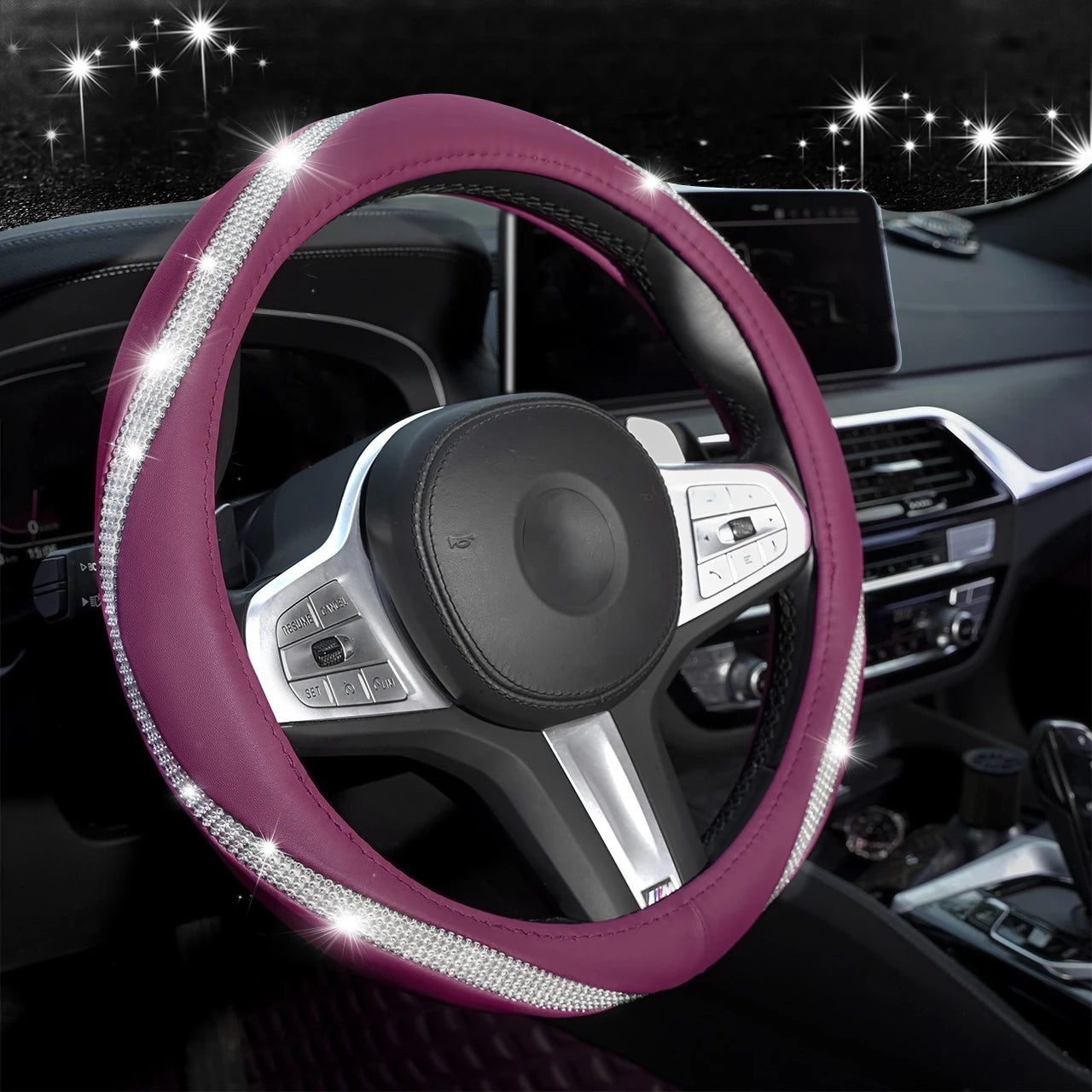 Rhinestone & PU Leather Steering Wheel Cover – Decorative Anti-Slip Grip - Delicate Leather  
