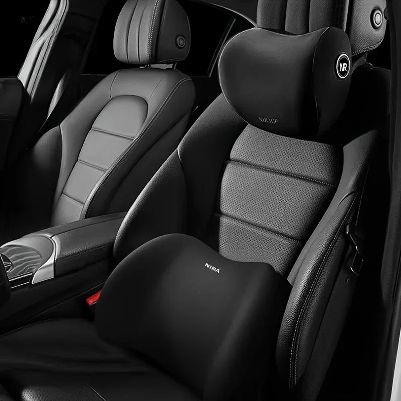 Universal Car Headrest Neck Support Pillow & Lumbar Cushion – Memory Foam Back Support, Four-Season Comfort for All Vehicles - Delicate Leather  