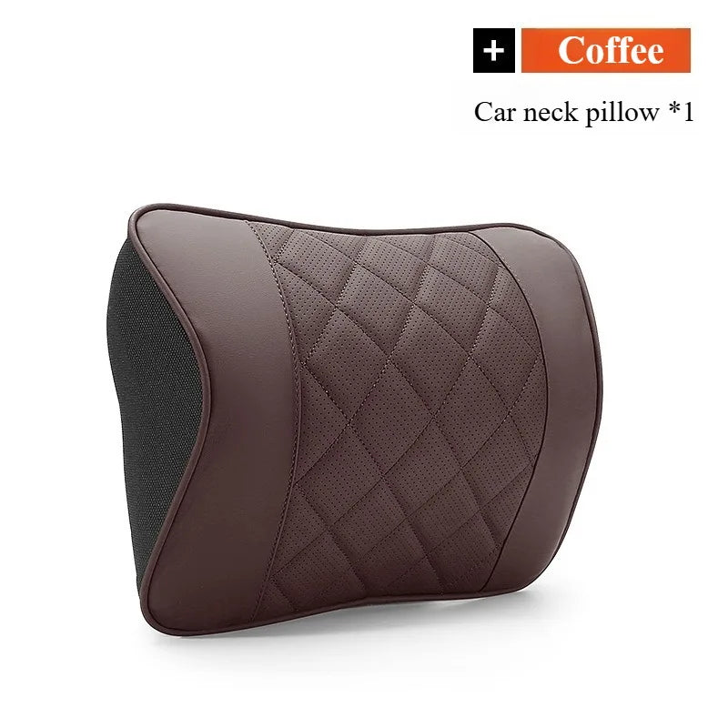 Nappa Leather Car Headrest & Lumbar Support Set – Memory Foam Neck and Waist Cushion - Delicate Leather  