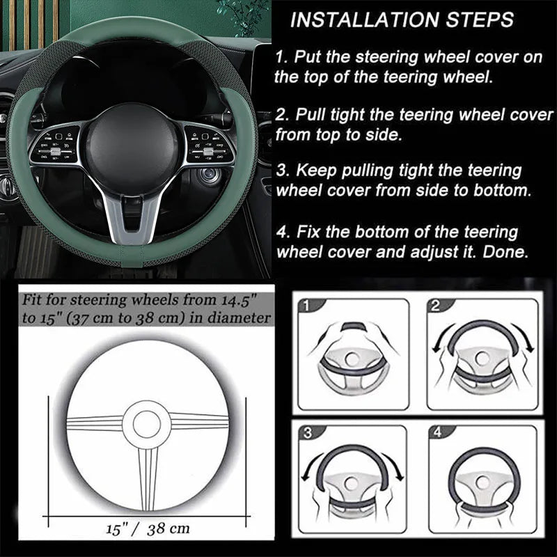 Premium Leather Car Steering Wheel Cover – Breathable Mesh, Universal Fit 14.5–15 Inch - Delicate Leather  
