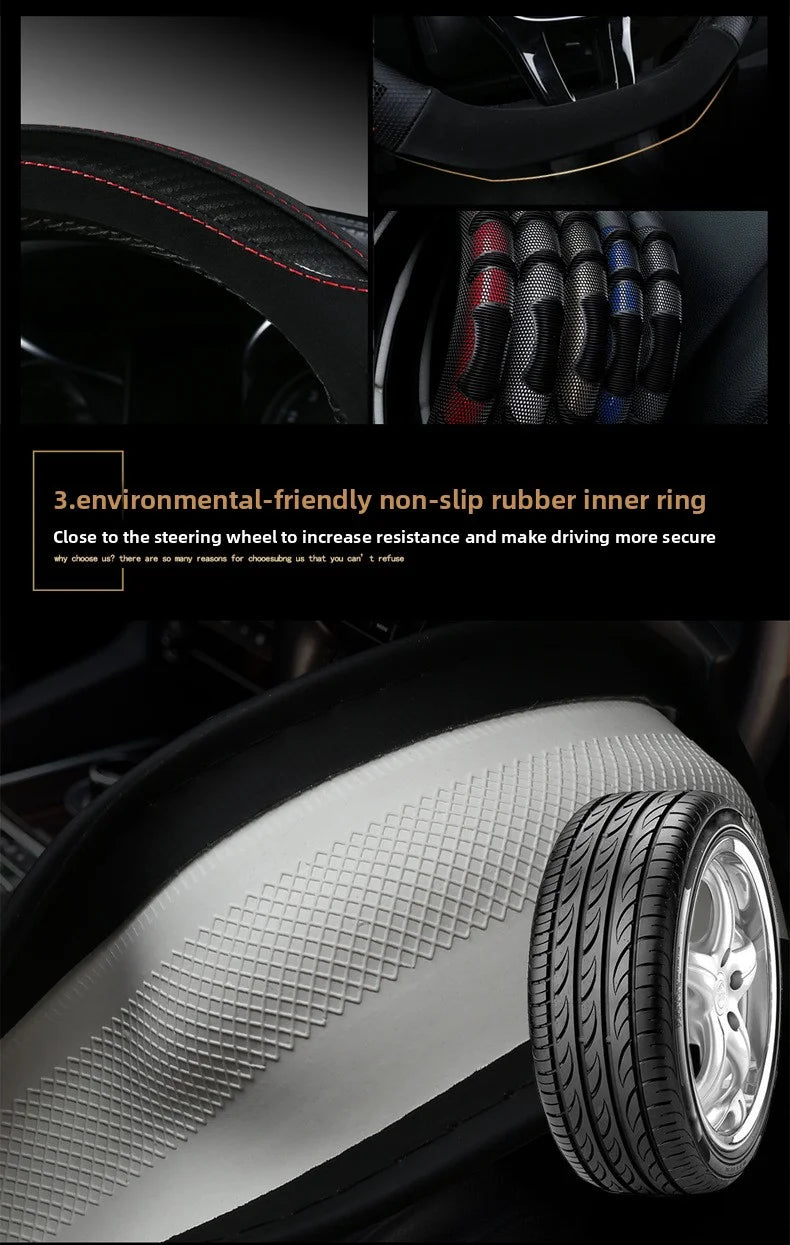 Carbon Fiber Leather Steering Wheel Cover – Silicone Honeycomb Grip, Universal Fit 37–38 cm - Delicate Leather  