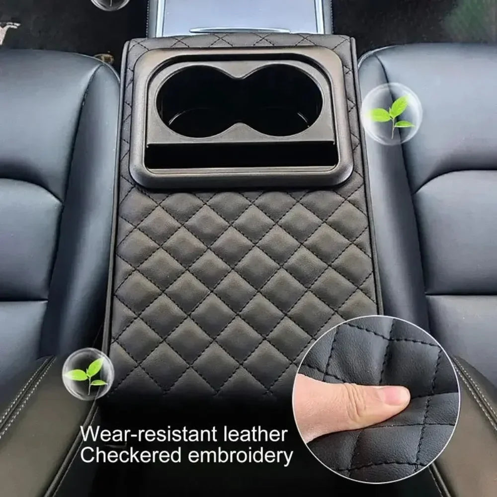 Car Center Console Armrest Cushion with Dual Cup Holders – PU Leather Armrest Height Pad - Delicate Leather  