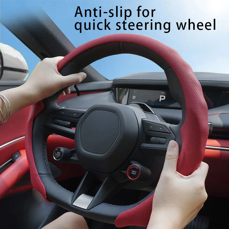Ultra-Thin Nappa Leather Steering Wheel Cover with Breathable Strap Holes Non-Slip Universal Fit - Delicate Leather  