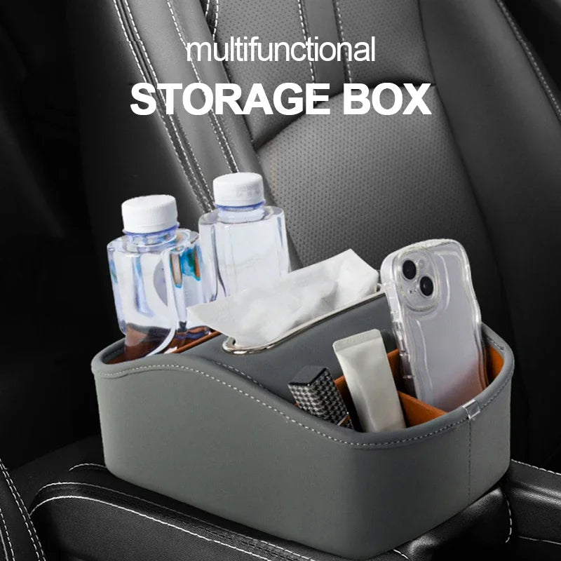 5-in-1 Car Armrest Storage Box – Center Console Extension Organizer with Tissue & Cup Holder - Delicate Leather  