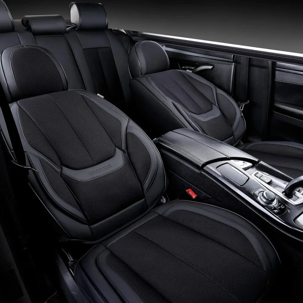 Seat Covers Full Set – Breathable Fabric & Leather, Waterproof, Universal Fit (Black/Red) - Delicate Leather  