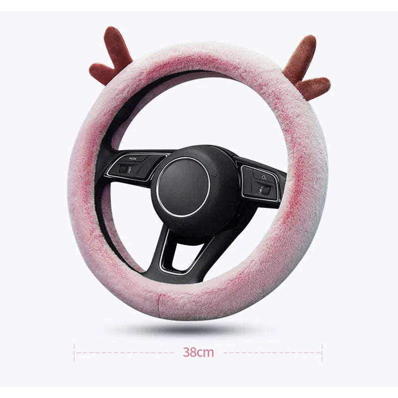 Warm Fluffy Winter Car Steering Wheel Cover – Full-Wrapped Anti-Slip Protector, Universal 38cm Christmas Gift Accessory - Delicate Leather  