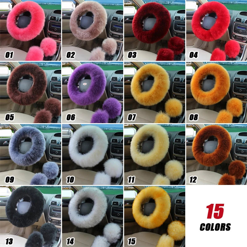 Winter Plush Steering Wheel Cover Set – Fluffy Fleece Warm Non-Slip Handle Cover, Universal Fit - Delicate Leather  
