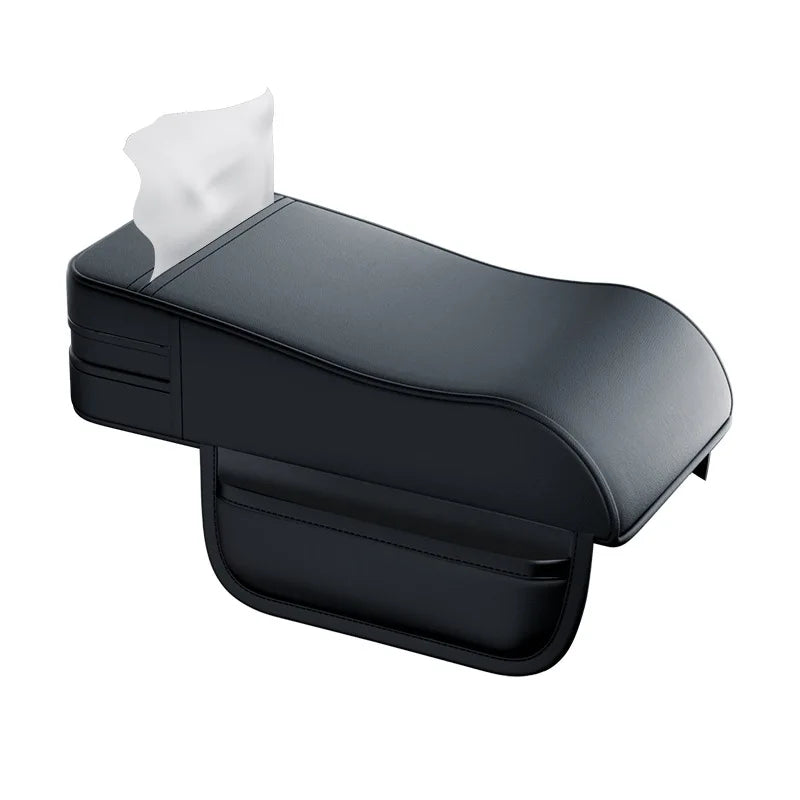 Car Armrest Height Pad with Tissue Holder – Universal Center Console Armrest Cushion - Delicate Leather  