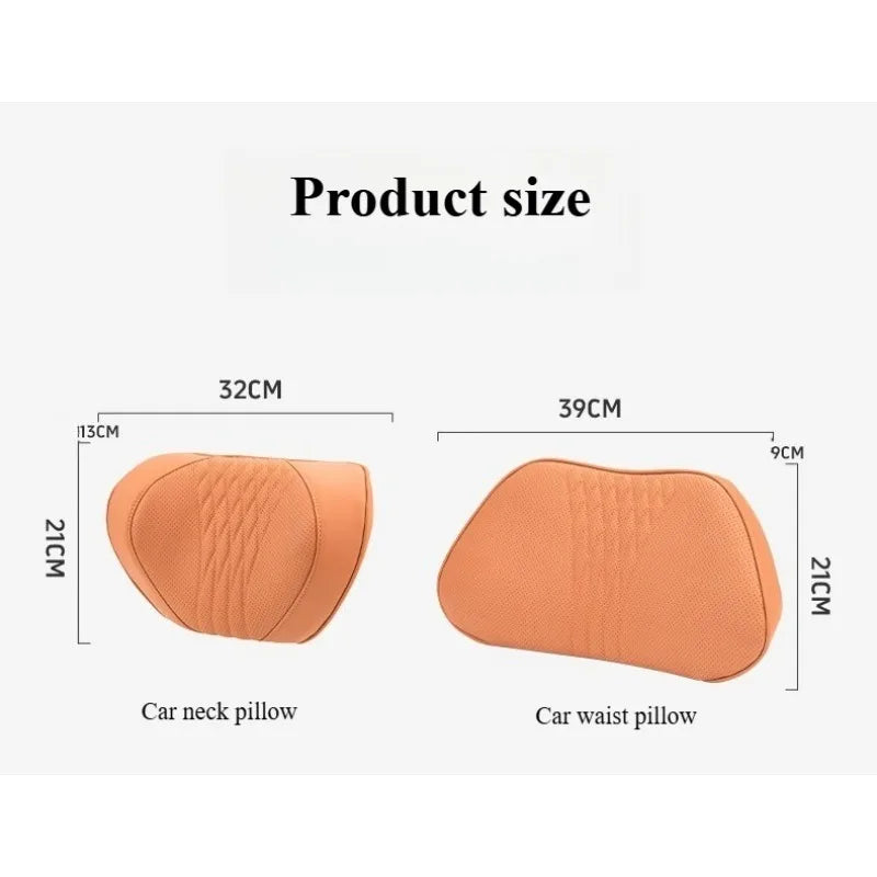 Soft Memory Foam Car Neck & Lumbar Pillow Set – Leather Headrest for Comfortable Driving - Delicate Leather  