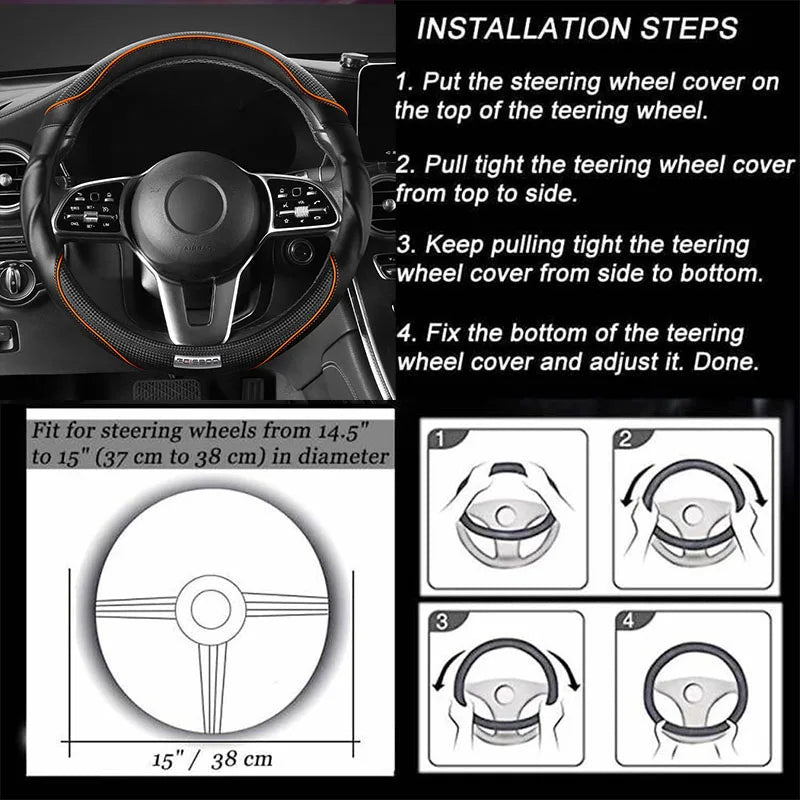 Premium 3D Sport Car Steering Wheel Cover, Anti-Slip, Shock-Absorbing, Ergonomic Grip, Dynamic Contour, Fits 14.5–15" - Delicate Leather  