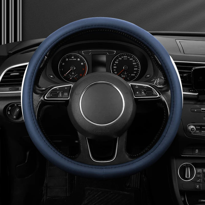 Leather Car Steering Wheel Cover, Fine Skin Texture, Comfortable Grip, Wear-Resistant, All-Season, Universal Fit - Delicate Leather  