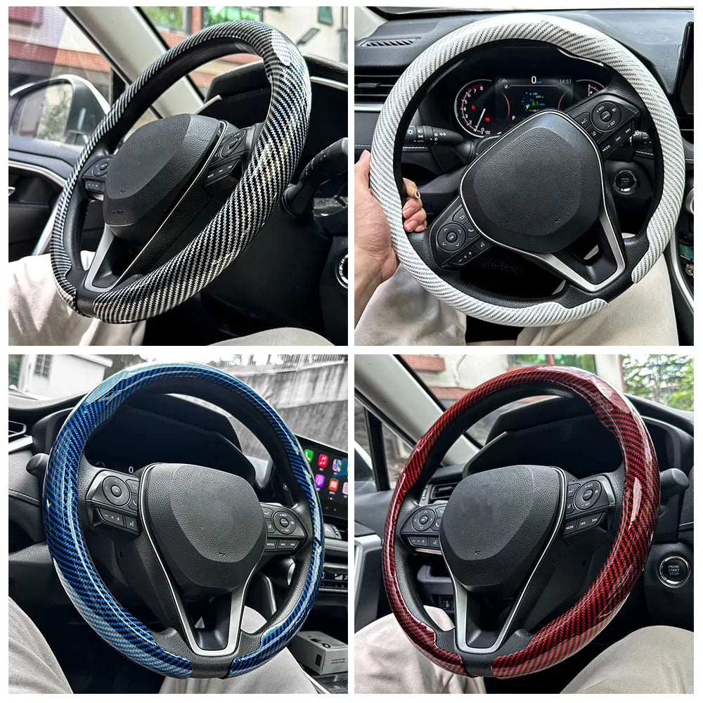 Carbon Fiber Style Steering Wheel Cover – Breathable Non-Slip Round Universal Fit - Delicate Leather  