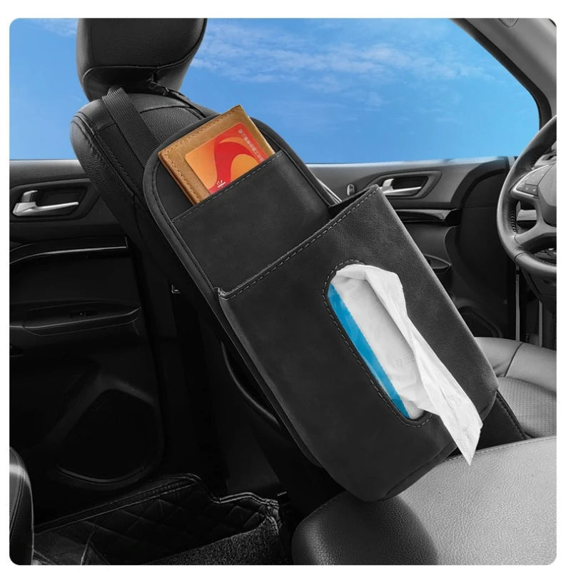 Suede Car Seat Hanging Tissue Bag – Universal Backseat Paper Holder & Side Storage Organizer - Delicate Leather  