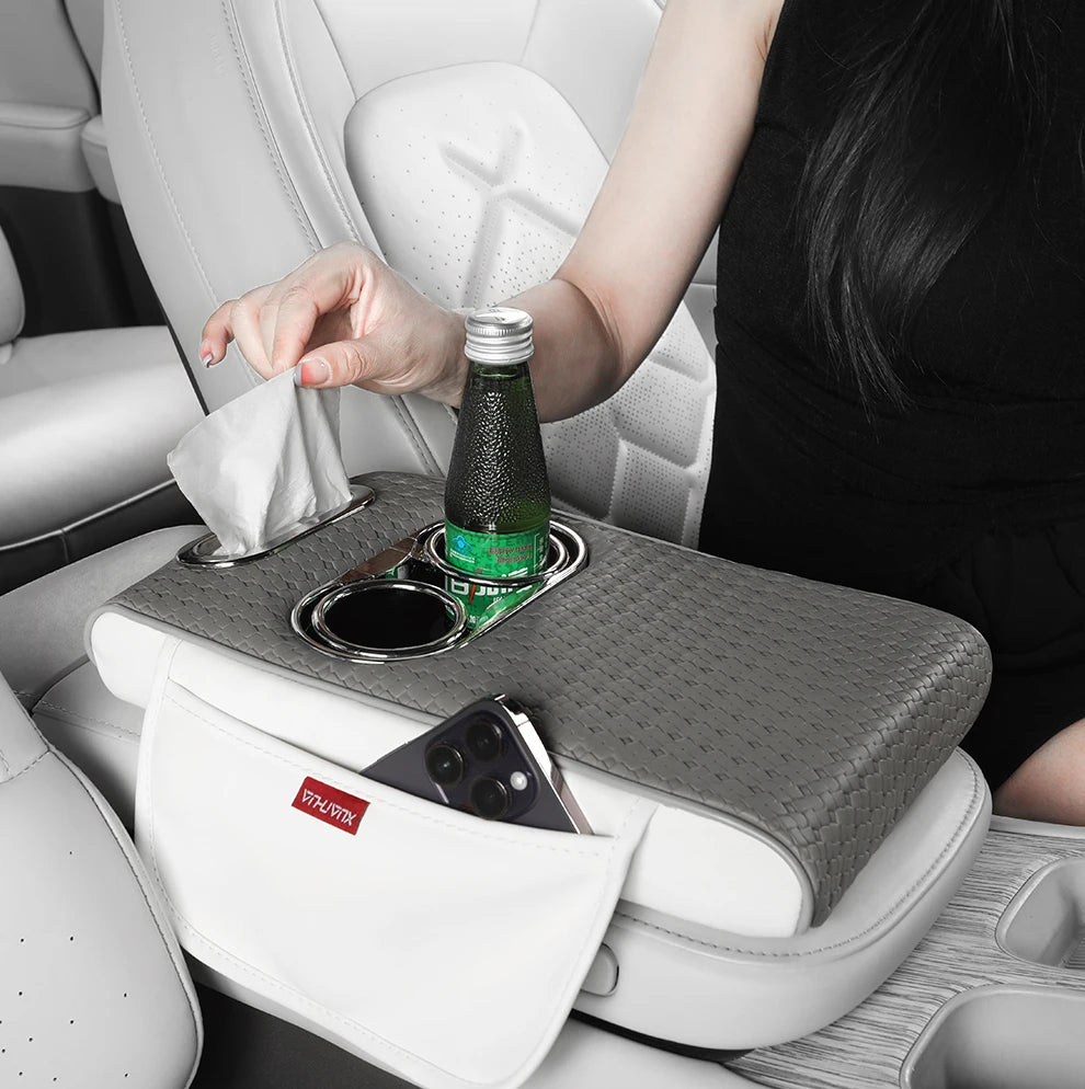 Weaving Leather Car Armrest Organizer – Center Console Cover with Cup Holders - Delicate Leather  