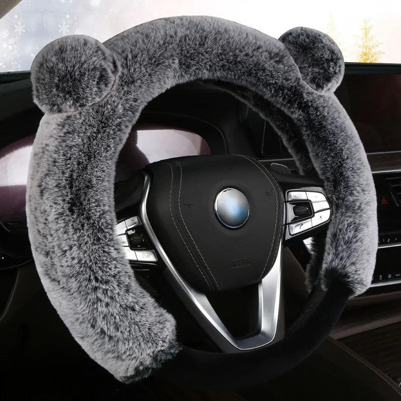 Winter Plush Steering Wheel Cover – Soft Faux Rabbit Fur, Cute Ear Design, Universal Fit 37–38cm - Delicate Leather  