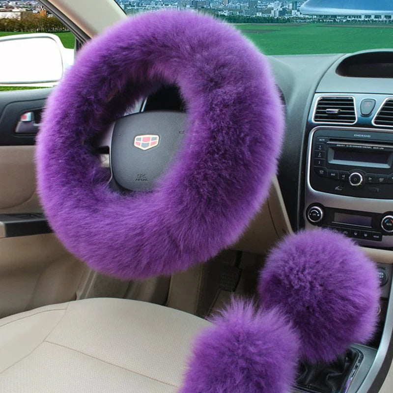 Winter Plush Steering Wheel Cover Set – Fluffy Fleece Warm Non-Slip Handle Cover, Universal Fit - Delicate Leather  