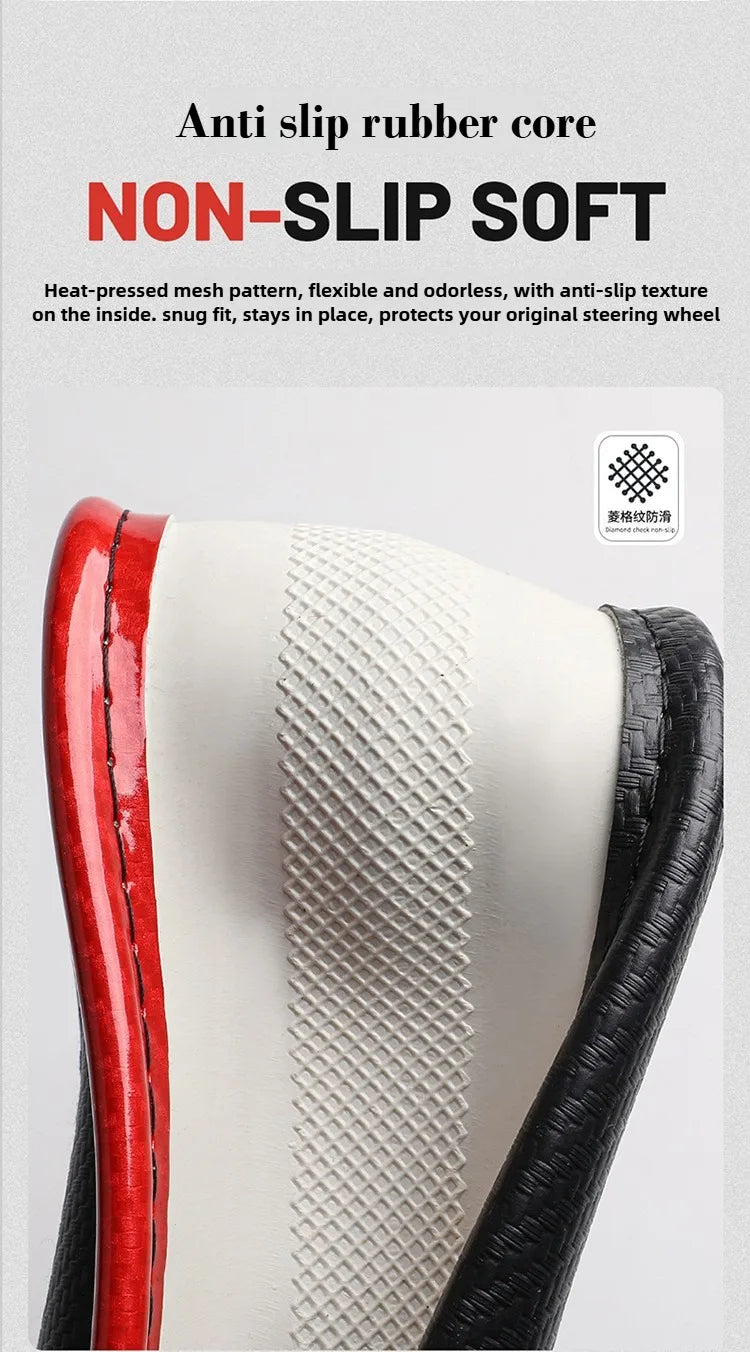 Universal Leather Steering Wheel Cover with Carbon Fiber Style – Non-Slip O/D Type, 14.5–15 Inch - Delicate Leather  