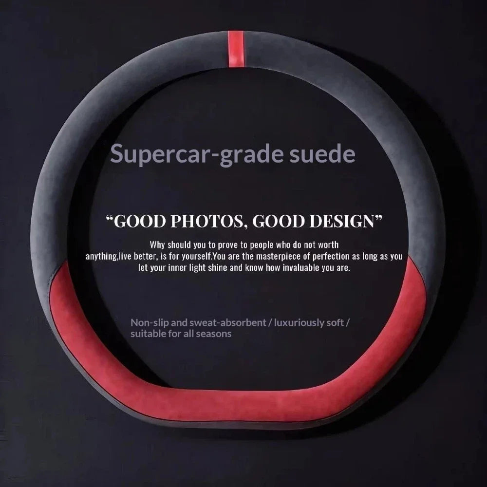 Suede Leather Steering Wheel Cover 37–38cm – Universal Anti-Slip Breathable Grip - Delicate Leather  