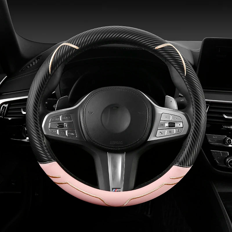 Carbon Fiber Style Leather Steering Wheel Cover – 38cm Anti-Slip Universal Fit - Delicate Leather  