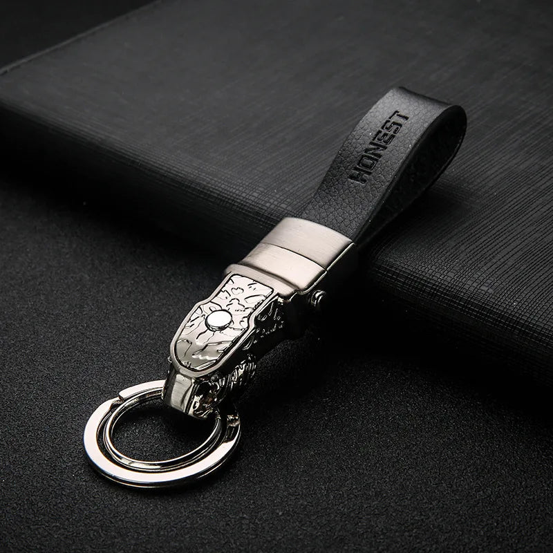 Leather Keychain with LED Light – Leopard Head Pendant Car Key Ring with Removable Belt Clip - Delicate Leather  