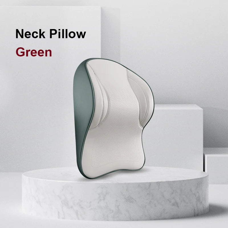 Memory Foam Car Neck Pillow & Lumbar Support Set – Breathable Seat Comfort Cushion - Delicate Leather  
