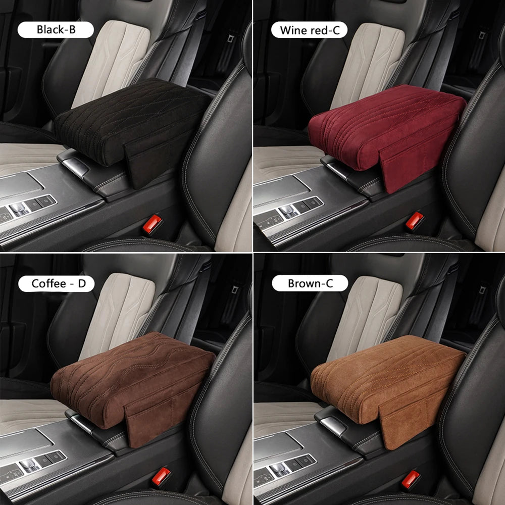 Suede Car Armrest Cushion with Cup Holder – Memory Foam Center Console Pad, Universal Fit, Enhanced Elbow Support - Delicate Leather  