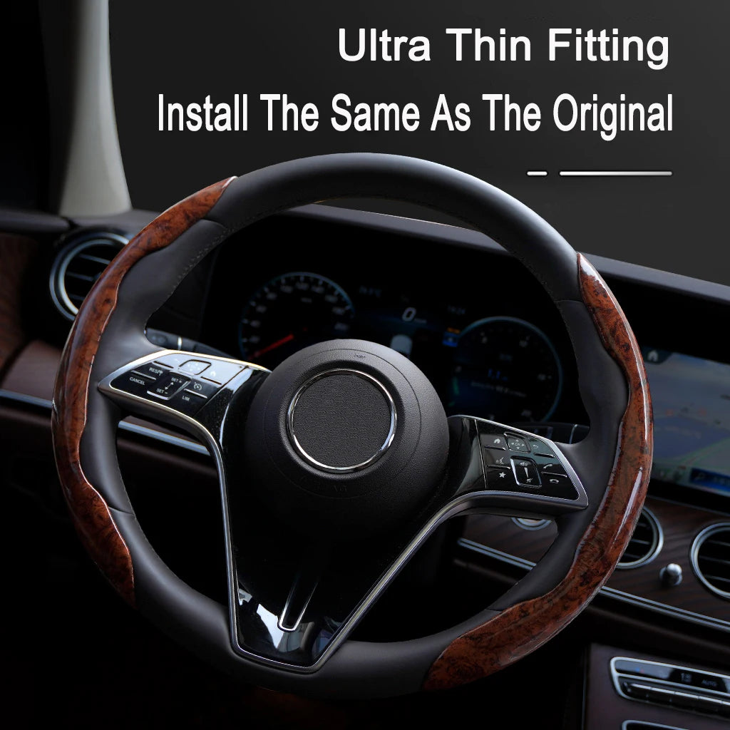 Peach Wood Grain Steering Wheel Cover – Ultra-Thin 38CM Non-Slip Segmented Grip - Delicate Leather