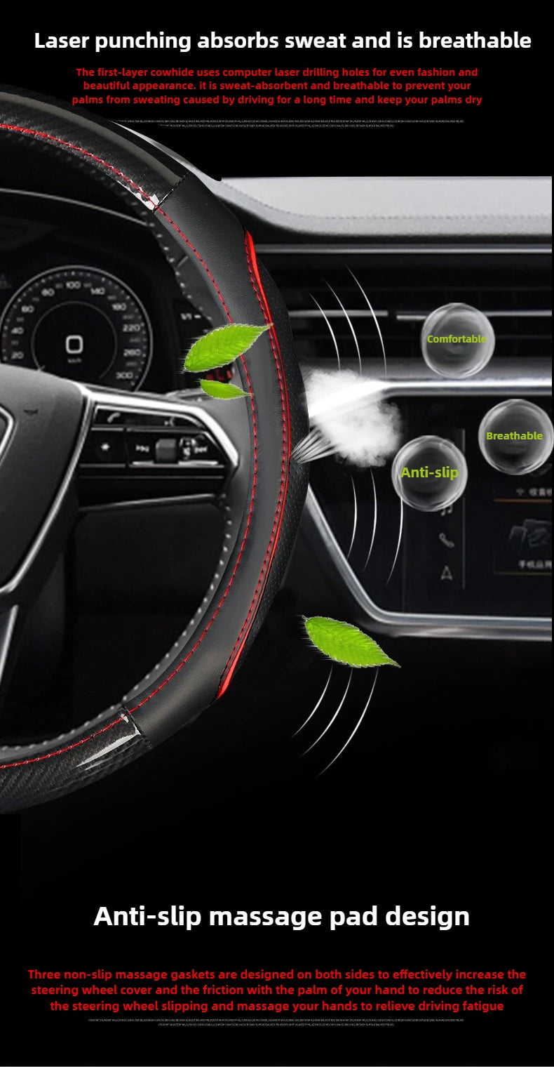 Carbon Fiber & Nappa Leather Steering Wheel Cover – Universal 37–38cm, Non-Slip Silicone Grip, 3D Textured Design, Breathable & Durable - Delicate Leather  