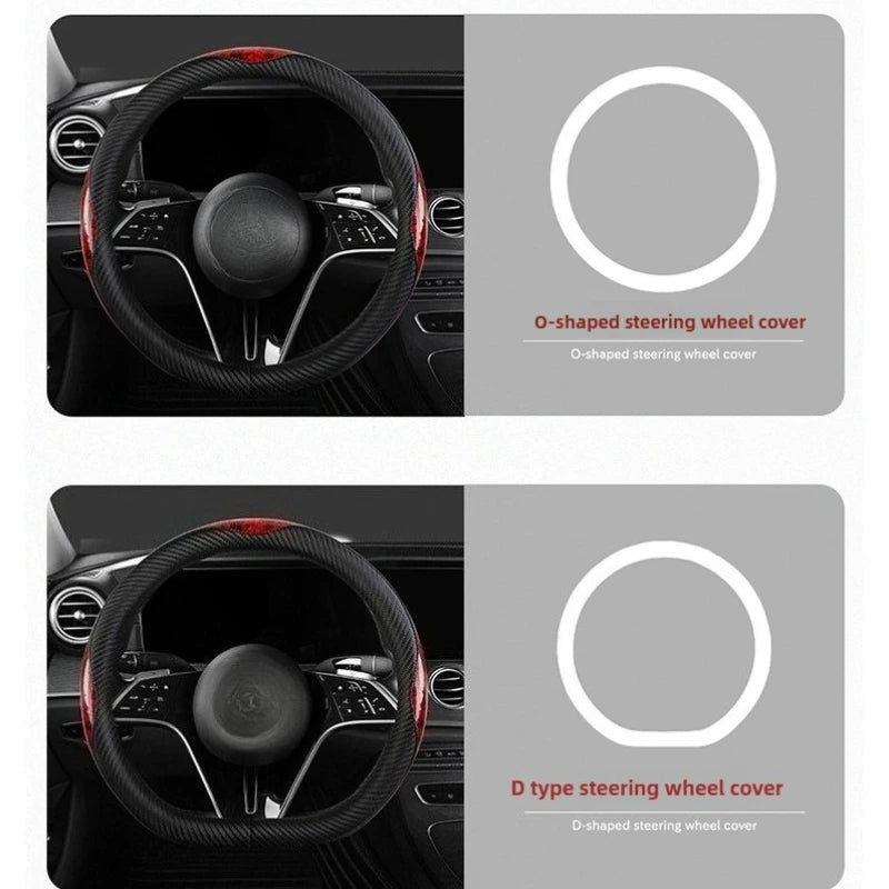 O/D Shape Carbon Fiber Leather Steering Wheel Cover – Universal 37–38cm, Anti-Slip Car Accessory - Delicate Leather  
