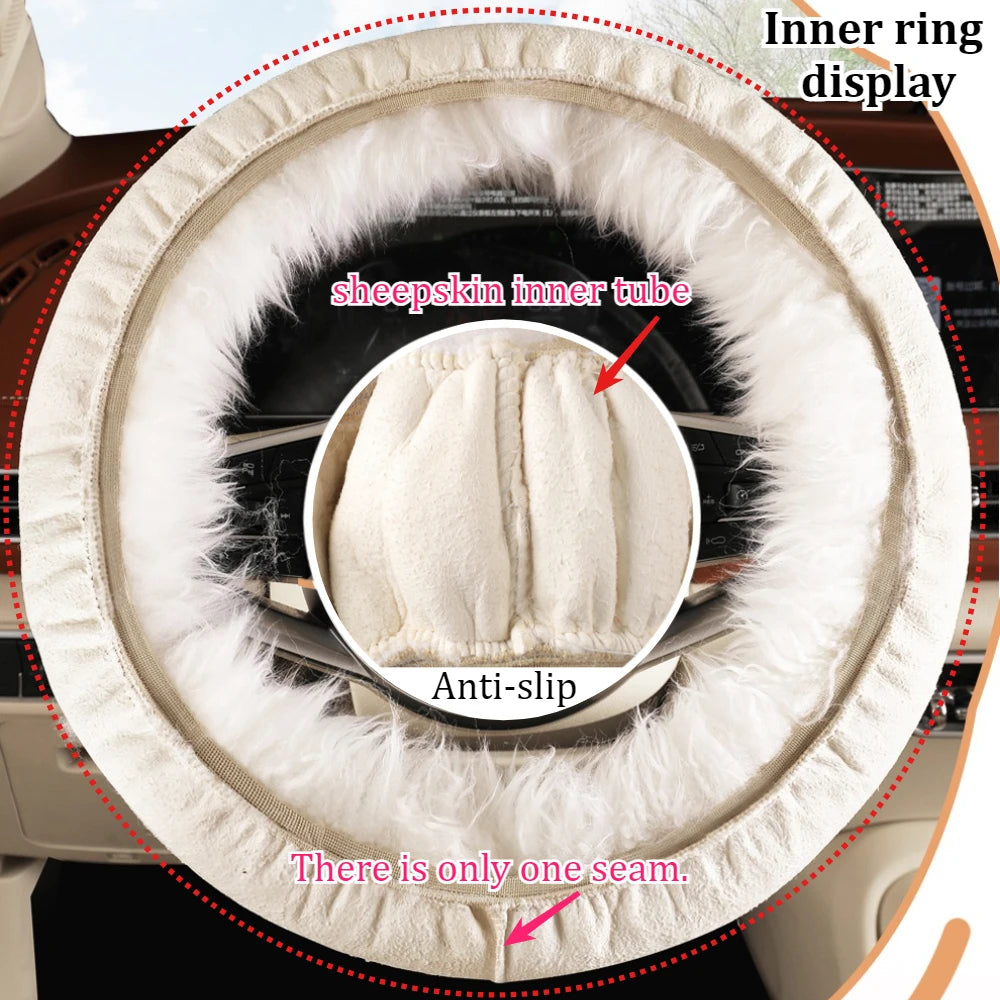 Winter Long Plush Wool Steering Wheel Cover – Soft Thick Warm Grip with Non-Slip Inner Ring, Universal O / D / Dual-D - Delicate Leather  