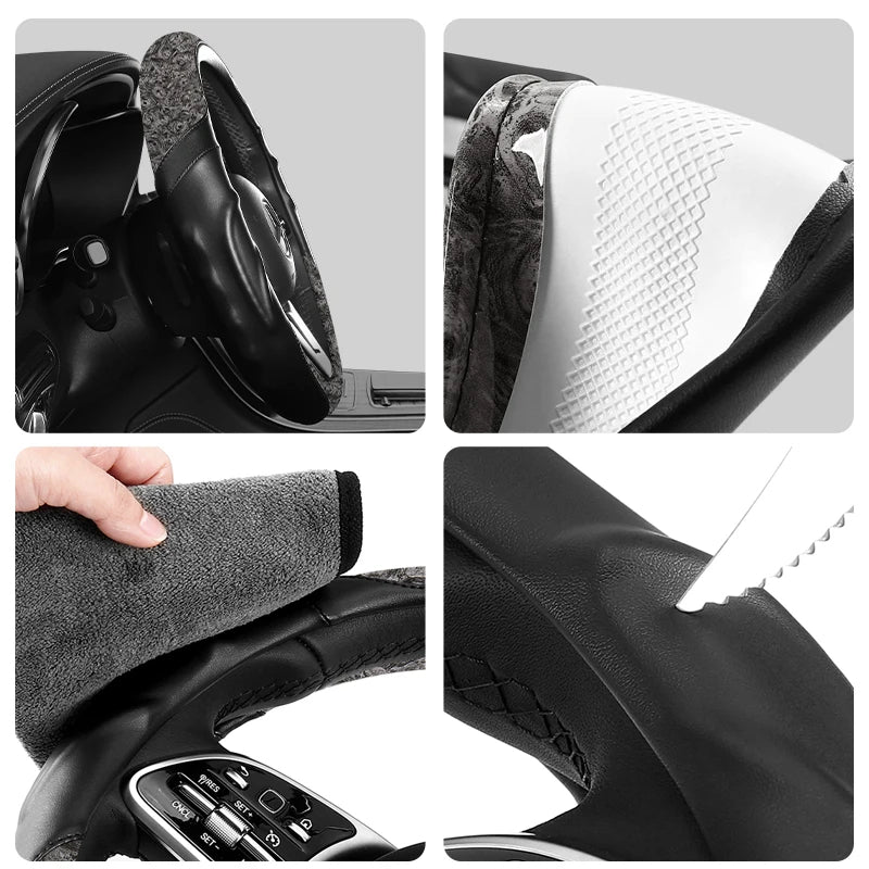 Wood Grain Steering Wheel Cover – Durable Leather Protector with Anti-Slip Lining, Universal Fit for 14.5"–15" Wheels - Delicate Leather  