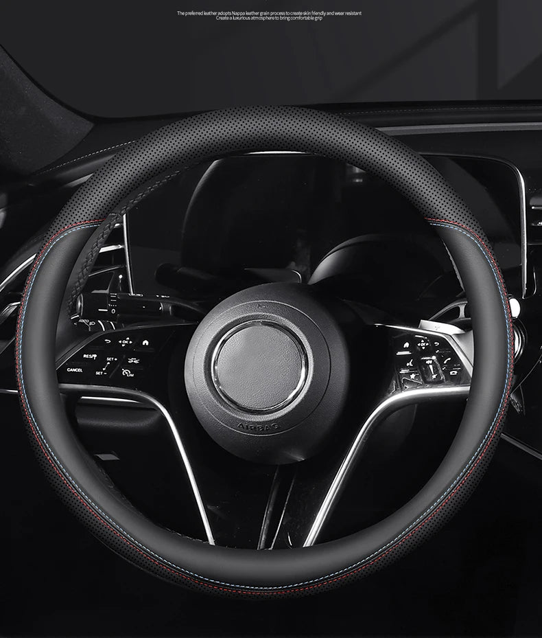 Leather Steering Wheel Cover – Anti-Slip 38cm Universal Luxury Style Interior Accessory - Delicate Leather  